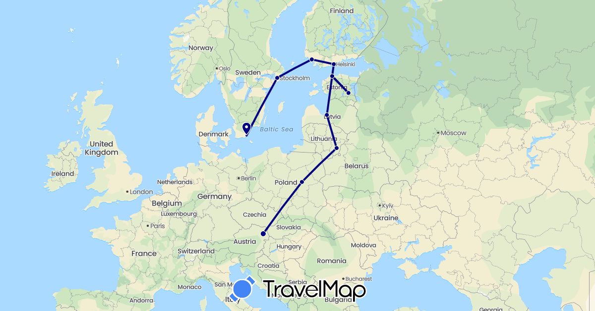 TravelMap itinerary: driving in Austria, Estonia, Finland, Lithuania, Latvia, Poland, Sweden (Europe)
